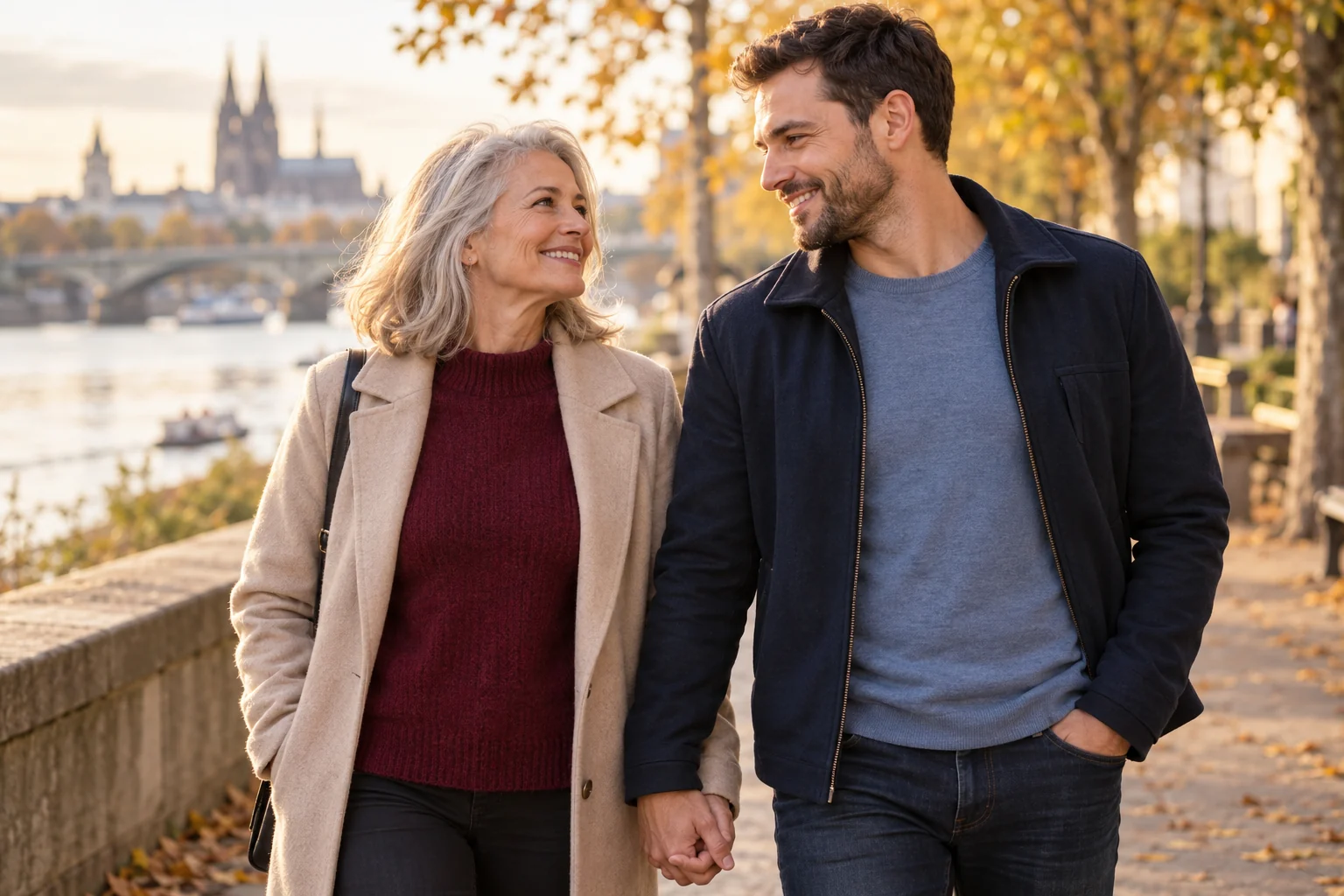 Eine grauhaarige Frau und ihr jüngerer Partner spazieren Hand in Hand durch einen herbstlichen Park